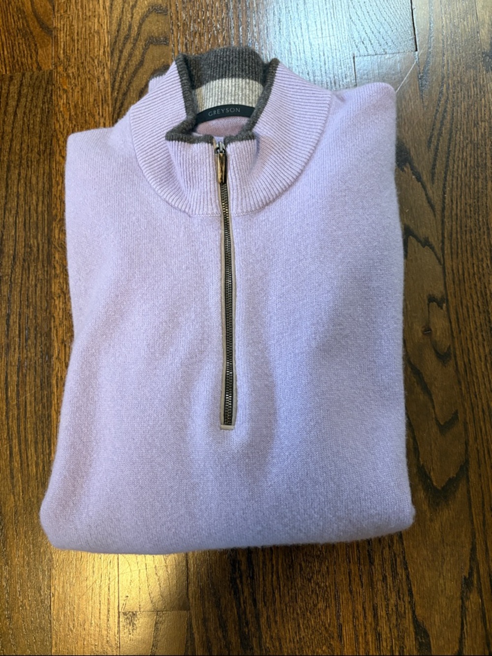 Greyson Lilac Half-Zip Cashmere Sweater with dark grey Trim